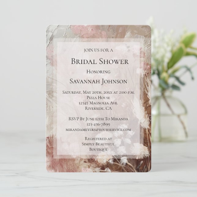 Pretty Beige Blush Pink Boho Floral Bridal Shower Invitation (Standing Front)