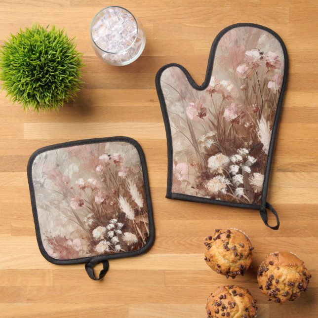 Pretty Beige Blush Pink Boho Floral  Oven Mitt & Pot Holder Set (Top Down)