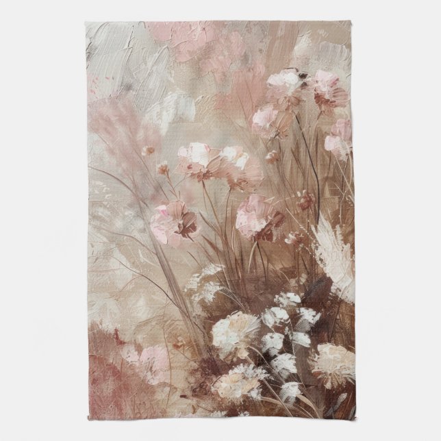 Pretty Beige Blush Pink Boho Floral  Tea Towel (Vertical)