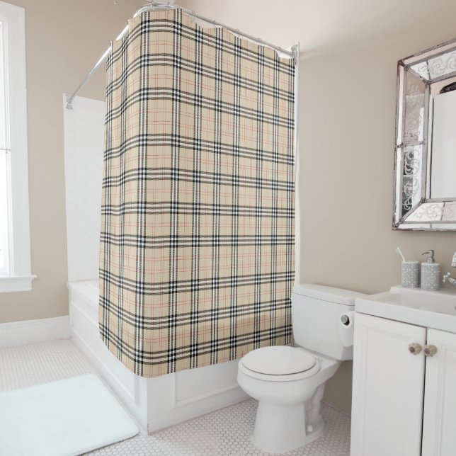 Pretty Beige Plaid Tartan Shower Curtain (In Situ)