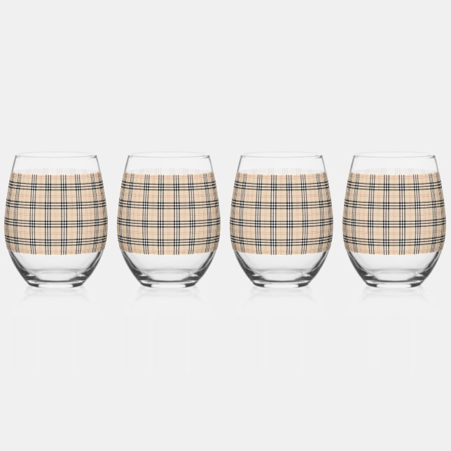 Pretty Beige Plaid Tartan Stemless Wine Glass (Front)