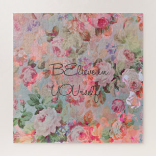 Pretty “Believe in YOUrself” quote roses floral Jigsaw Puzzle
