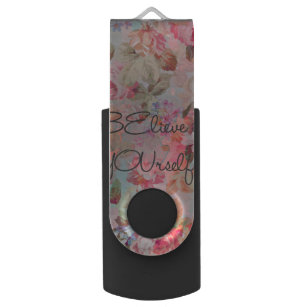 Pretty “Believe in YOUrself” quote roses floral USB Flash Drive