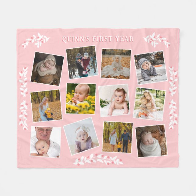 Pretty Berry Twigs Pink Baby's First Year Photos Fleece Blanket (Front (Horizontal))