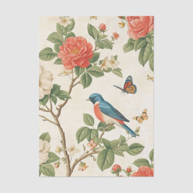 Pretty Bird and Butterflies with Peony Branches Tissue Paper (Front)