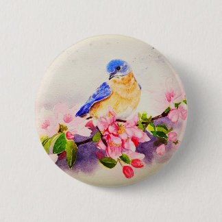 Pretty bird and cherry blossom watercolor painting 6 cm round badge