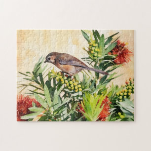 Pretty Bird on Flower Bush Nature Art Puzzle