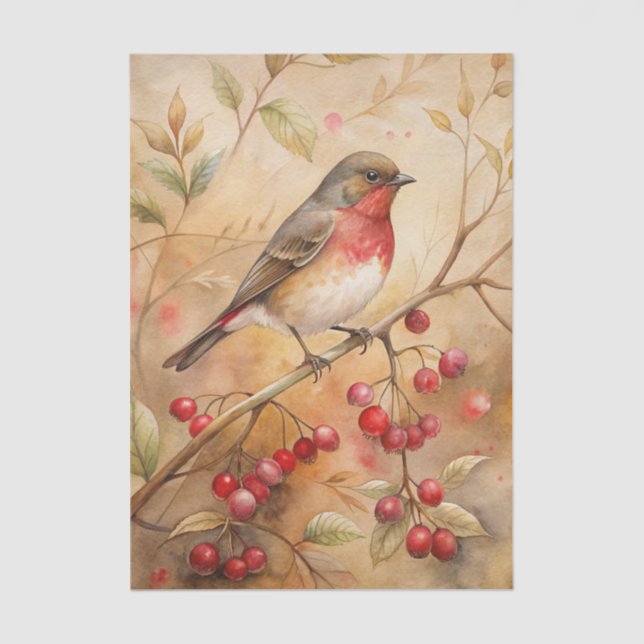 Pretty Bird Perched on a Branch with Red Berries Tissue Paper (Front)