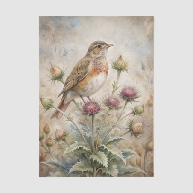 Pretty Bird Perched on Purple Thistle Flowers Tissue Paper (Front)