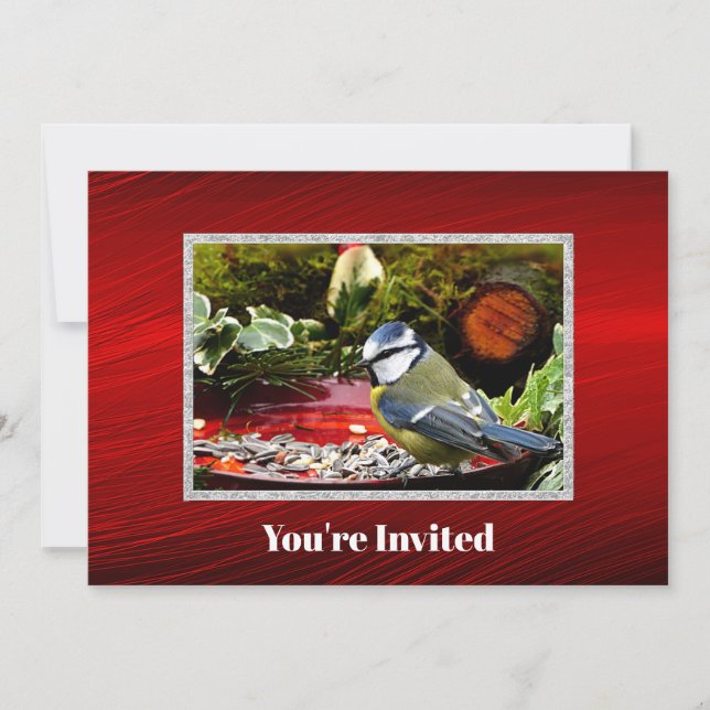 Pretty Bird Red Feeder Pine Photo Birthday Invitation (Front)