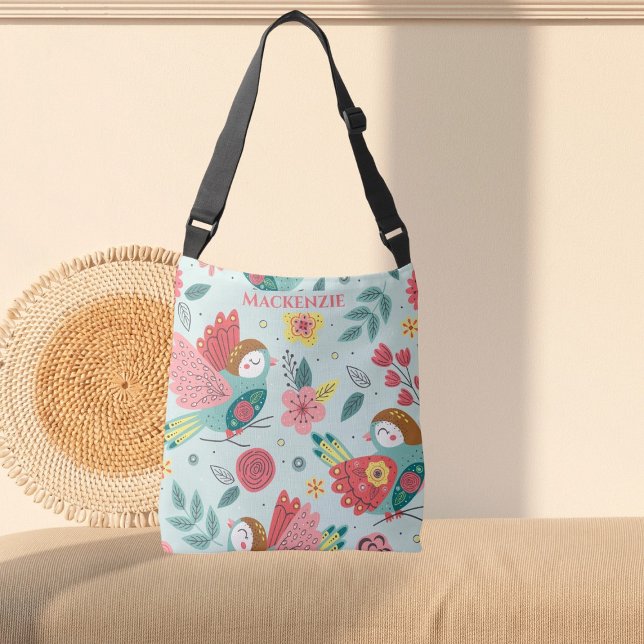 Pretty Birds and Flower Pattern Personalised Crossbody Bag (Pretty Birds and Flower Pattern Personalized Crossbody Bag by Ricaso. Add your name or other text)