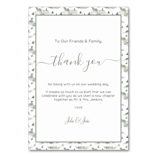 Pretty birds and hill Wedding thank you Table Card (Front)
