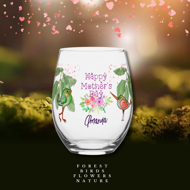 Pretty Birds for Mother's Day Stemless Wine Glass (Pretty Birds for Mother's Day Stemless Wine Glass (2))