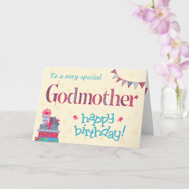 Pretty Birthday Card for Godmother, Bunting, Gifts (Orchid)