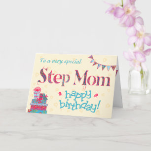 Pretty Birthday Card for Step Mum, Bunting, Gifts