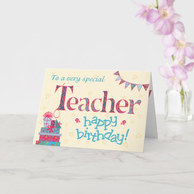 Pretty Birthday Card for Teacher, Bunting, Gifts (Orchid)