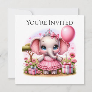 Pretty Birthday Elephant in Pink Dress and Tiara Invitation