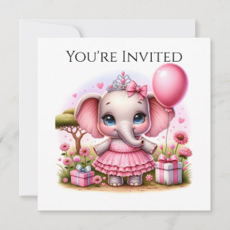Pretty Birthday Elephant in Pink Dress and Tiara Invitation