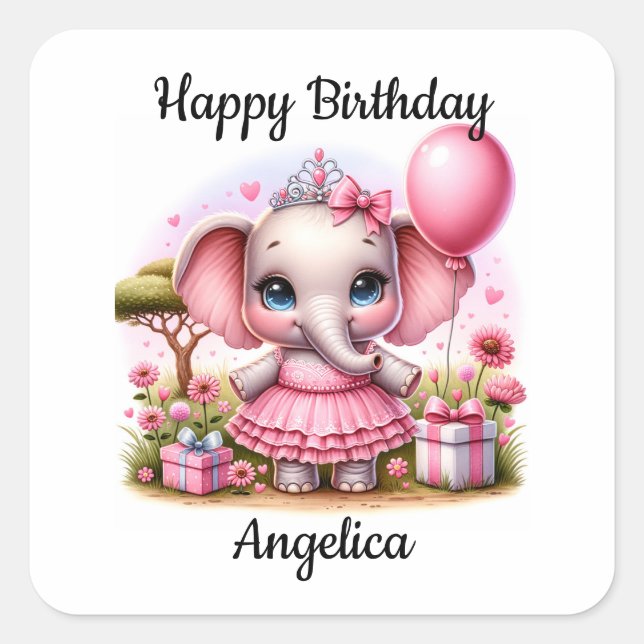 Pretty Birthday Elephant in Pink Dress and Tiara Square Sticker (Front)