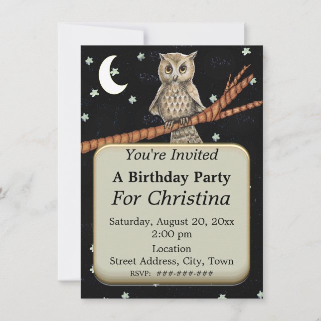 Pretty Birthday Owl Blue Necklace Stars Moon Invitation (Front)
