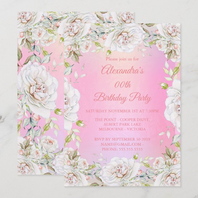Pretty Birthday Party Floral Pink White Roses Invitation (Front/Back)