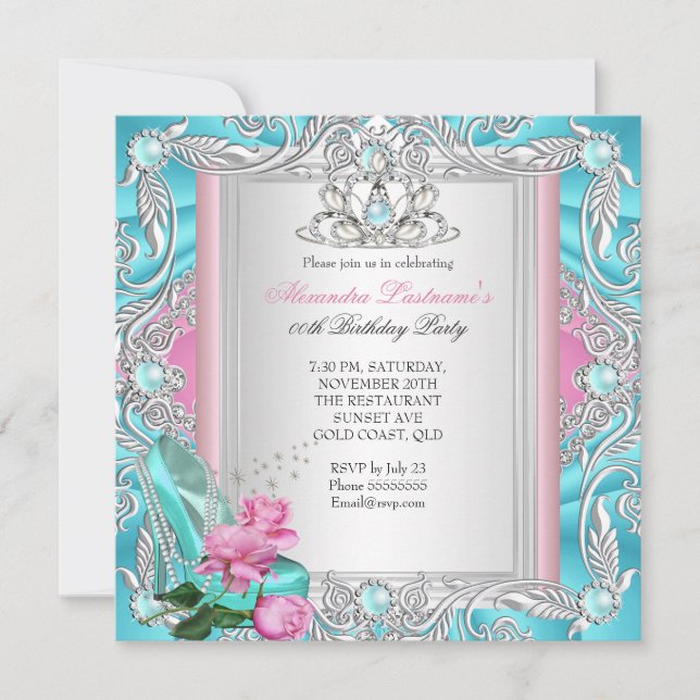 Pretty Birthday Party Teal Pink Rose High Heels 3 Invitation (Front)