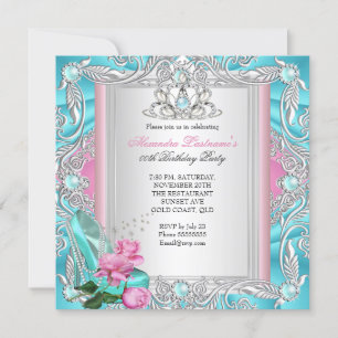 Pretty Birthday Party Teal Pink Rose High Heels 3 Invitation