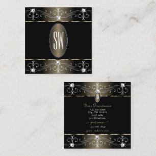 Pretty Black and Beige Ornate Ornaments Monogram Square Business Card