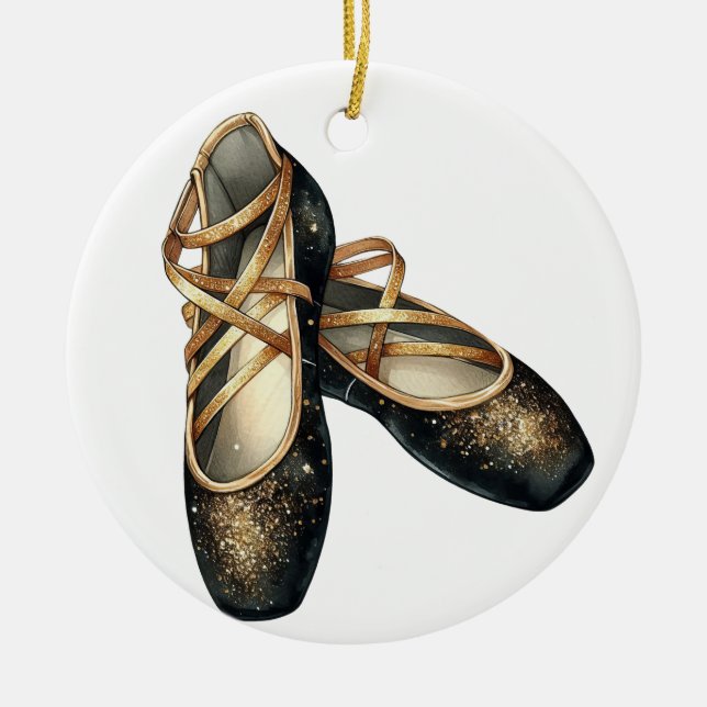 PRETTY BLACK AND GOLD BALLET TOE SHOES CERAMIC TREE DECORATION (Front)