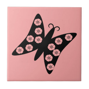 Pretty Black and Pink Floral Butterfly Tile