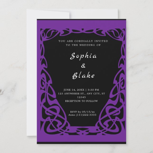 Pretty Black and Purple Art Deco Wedding Invitation (Front)