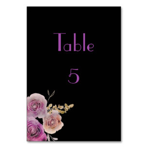 Pretty Black and Purple Watercolor Flower Beauty Table Number