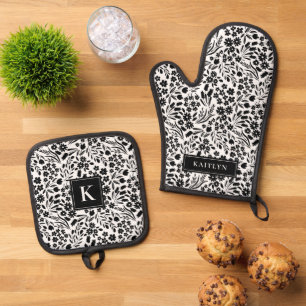 Pretty Black and White Floral Monogram Name Oven Mitt & Pot Holder Set