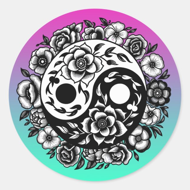 Pretty Black and White Floral Yin Yang Classic Round Sticker (Front)