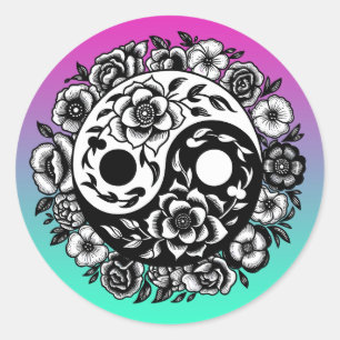 Pretty Black and White Floral Yin Yang Classic Round Sticker