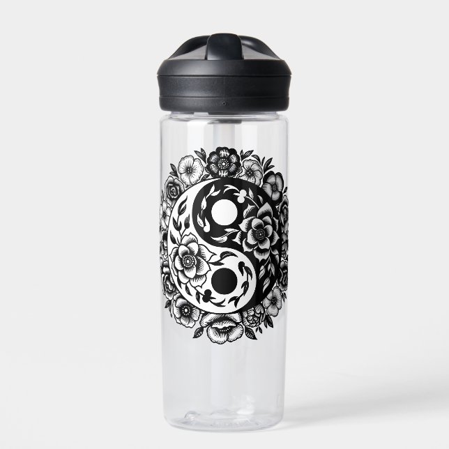 Pretty Black and White Floral Yin Yang Personalise Water Bottle (Front)