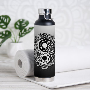 Pretty Black and White Floral Yin Yang Water Bottl Bottle