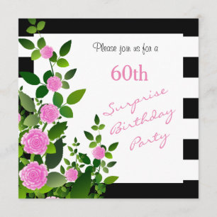 Pretty Black and White Stripes with Pink Roses Invitation