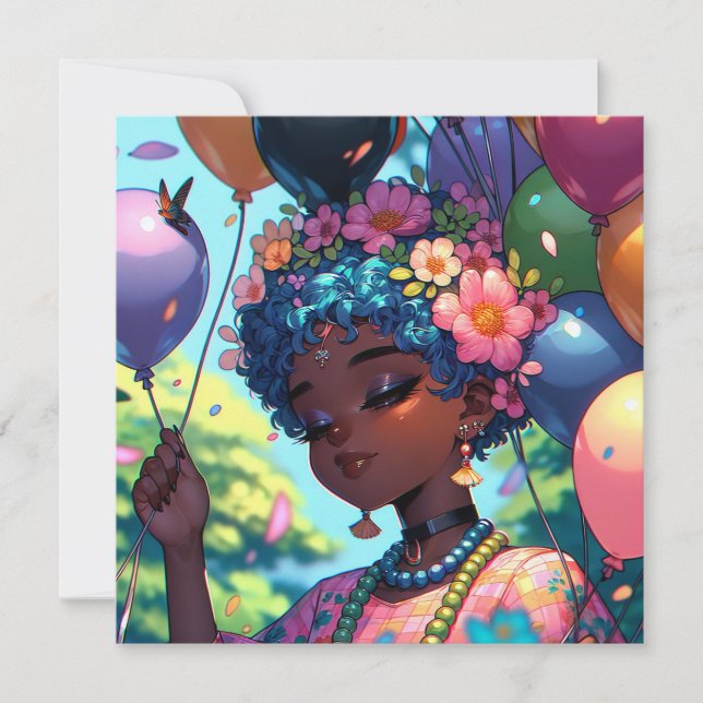 Pretty Black Anime Girl with Birthday  Invitation (Front)