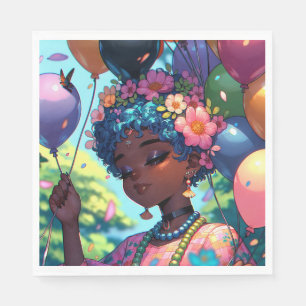 Pretty Black Anime Girl with Birthday  Napkin