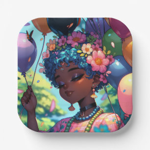 Pretty Black Anime Girl with Birthday Paper Plate