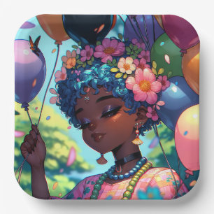 Pretty Black Anime Girl with Birthday Paper Plate