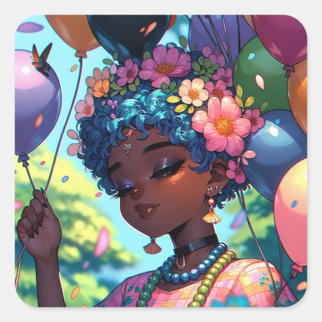 Pretty Black Anime Girl with Birthday  Square Sticker (Front)