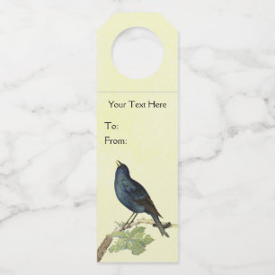 Pretty Black Bird Caterpillar on Branch Yellow Bottle Tag