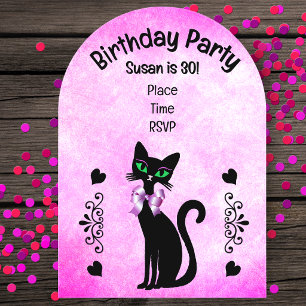 Pretty Black Cat Green Eyes Pink Bow Birthday Acrylic Invitations