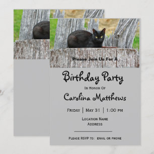 Pretty Black Cat Log Photo Birthday Invitation