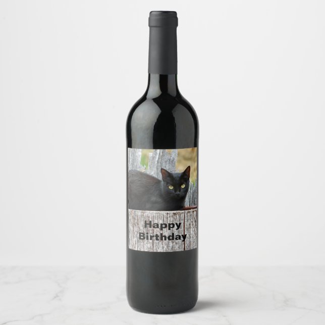 Pretty Black Cat Log Photo Birthday Wine Label (Front)