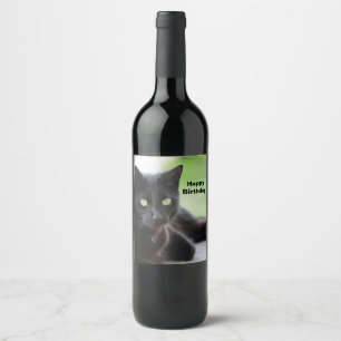 Pretty Black Cat Photo Birthday Wine Label