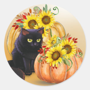 Pretty Black Cat & Pumpkin Halloween Classic Round Sticker
