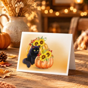 Pretty Black Cat & Pumpkin Halloween Note Card